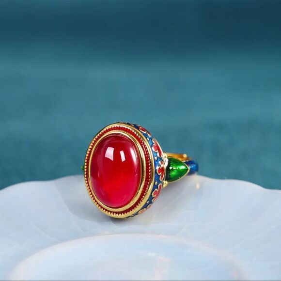 Vintage Retro Style Red Stone Resizable Ring Unique Ring - Picture 3 of 6